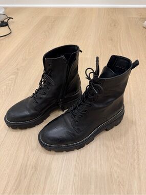 Sam Edelman Black Leather Lace-Up Combat Boots with Lug Sole